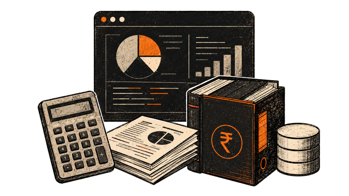 Accounting dashboard, calculator, reports, ledger and database illustration
