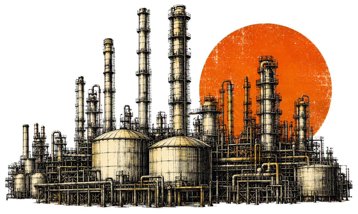 Detailed oil refinery towers and storage tanks illustration