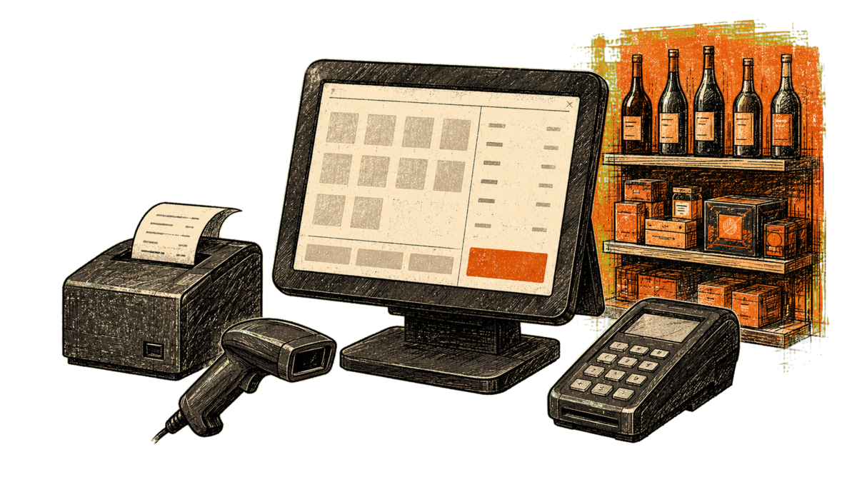 Point-of-sale screen, printer, scanner, card reader and retail shelf illustration