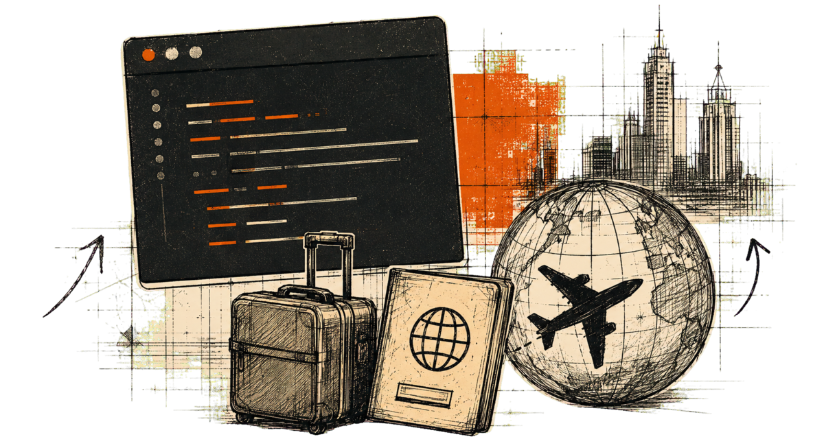 Code panel, suitcase, passport, globe and airplane illustration