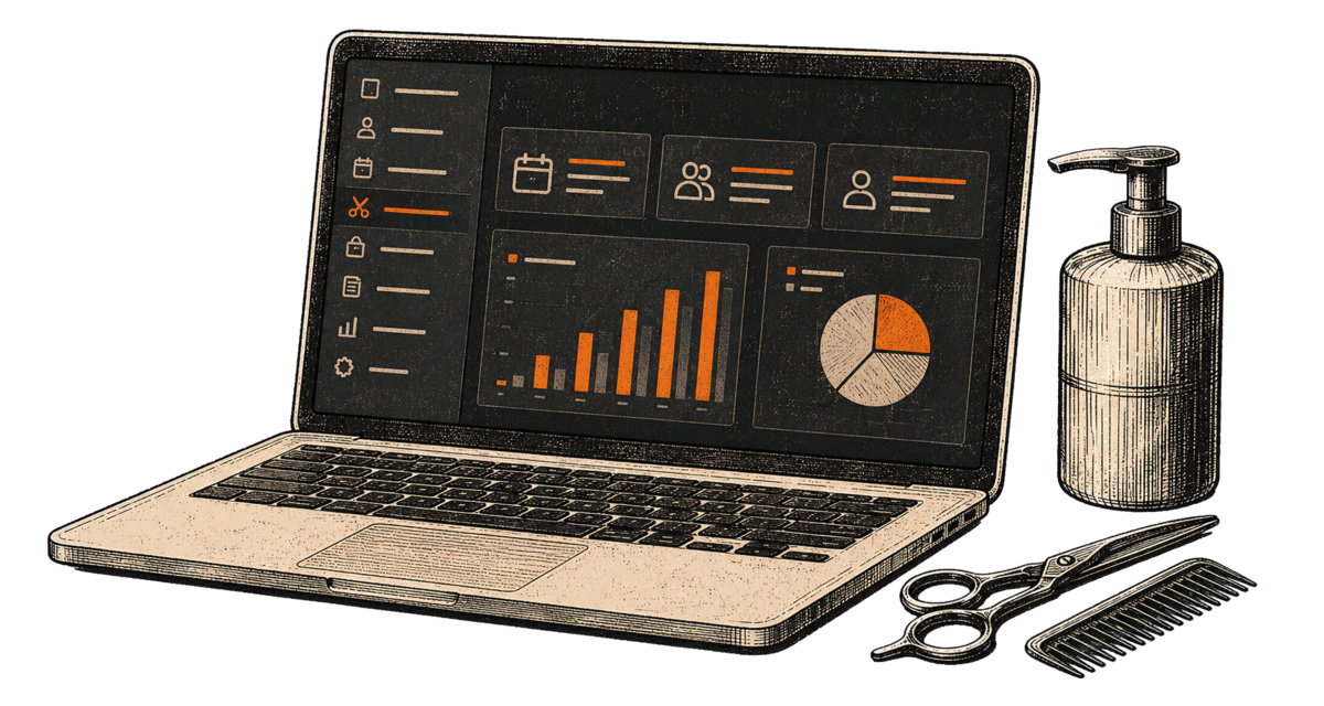 Salon operations dashboard, scissors, comb and product bottle illustration